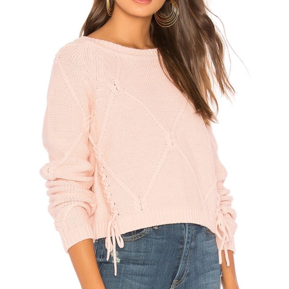 TULAROSA Pam Cable Knit Sweater Lace-Up Sides Cropped Boho Blush Pink XXS